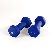 2 lbs. X 2. Blue Neoprene covered, non-slip dumbbells. Perfect for lightweight exercises like aerobic and therapy. Comes in a variety of colours.
