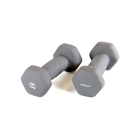 2 lbs. X 2. Gray Neoprene covered, non-slip dumbbells. Perfect for lightweight exercises like aerobic and therapy. Comes in a variety of colours.