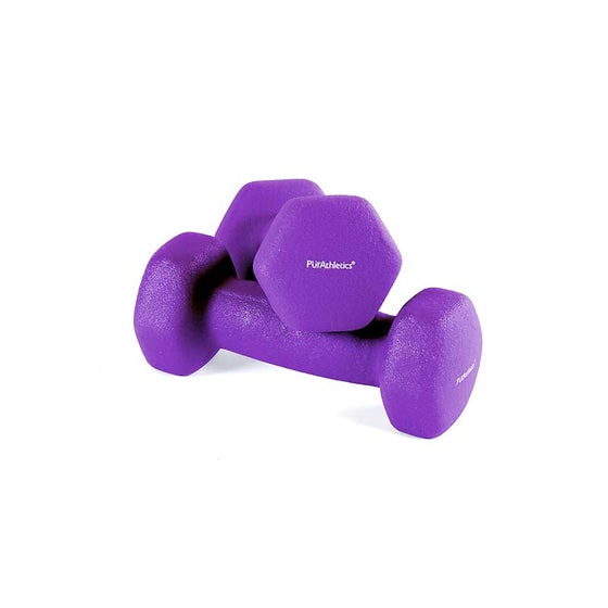 2 lbs. X 2. Purple Neoprene covered, non-slip dumbbells. Perfect for lightweight exercises like aerobic and therapy. Dumbbells on a white background.