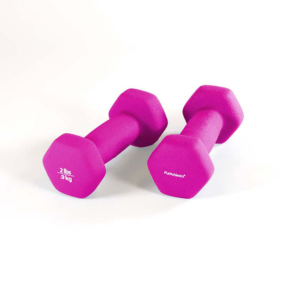 2 lbs. X 2. Pink Neoprene covered, non-slip dumbbells. Perfect for lightweight exercises like aerobic and therapy. Comes in a variety of colours.