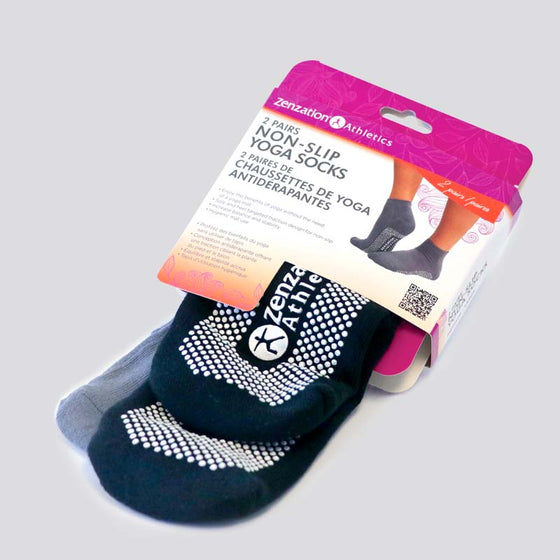 2 pairs yoga sox. Black and grey. PVC material on the underfoot provides non slip during yoga poses. Aids in increasing balance and stability. Women's one size fits most. 