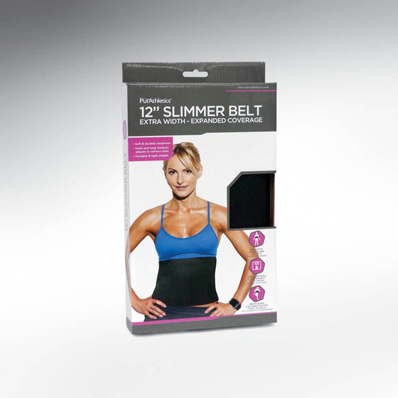 12 inches slimmer belt for women. Extra width for expanded coverage. Can be used during athletic performance as well as coverage for a more defined abdominal area in casual clothing. Neoprene material. Hook and loop enclosure easy adjustability. Black. One size fits most.